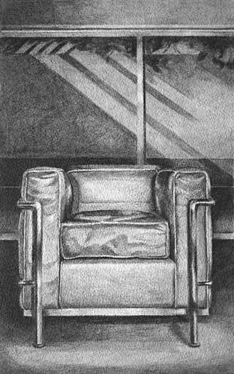 Corbusier Chair in Front of Glass Door to Patio: Drawing by Ethel Fisher, 1977, graphite on Arches paper, 20 x 14 inches, twentieth-century drawing of a chair designed by Le Corbusier.