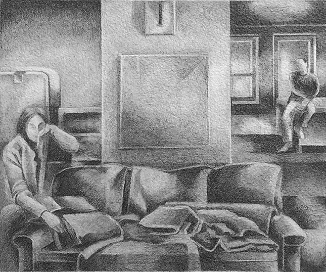 Jane Logemann's Loft Space: Drawing by Ethel Fisher, 1975, graphite on Arches paper, 20 x 14 (7.25 x 9.25) inches.