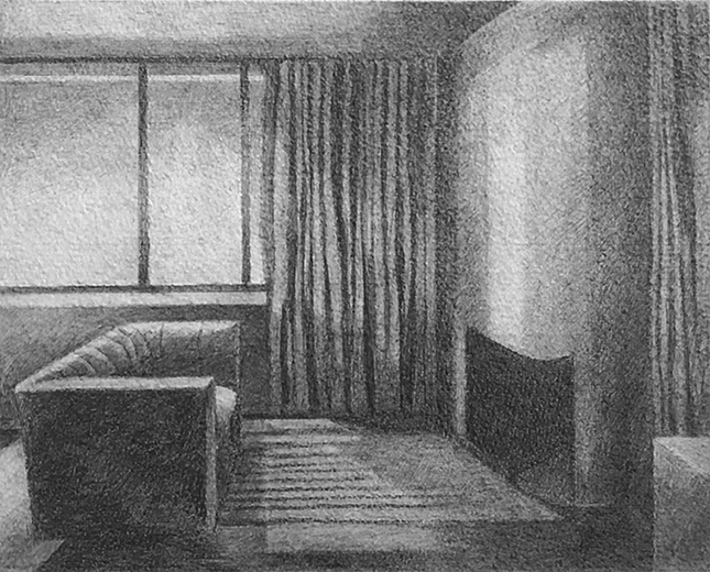 Mary's Room, Los Angeles (1948): Drawing by Ethel Fisher, 1976, graphite on Arches paper, 20 x 14 inches.