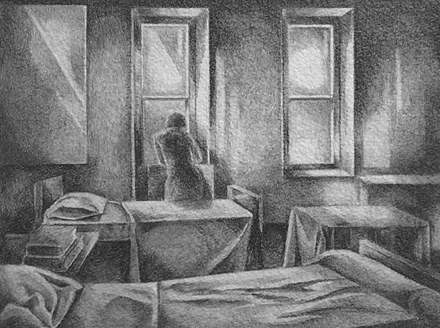 Private Room: Drawing by Ethel Fisher, 1975, graphite on Arches paper, 20 x 14 (6.75 x 8.75) inches.