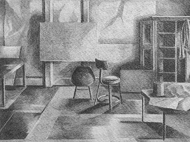 Studio Interior, Los Angeles: Drawing by Ethel Fisher, 1975, graphite on Arches paper, 20 x 14 inches.