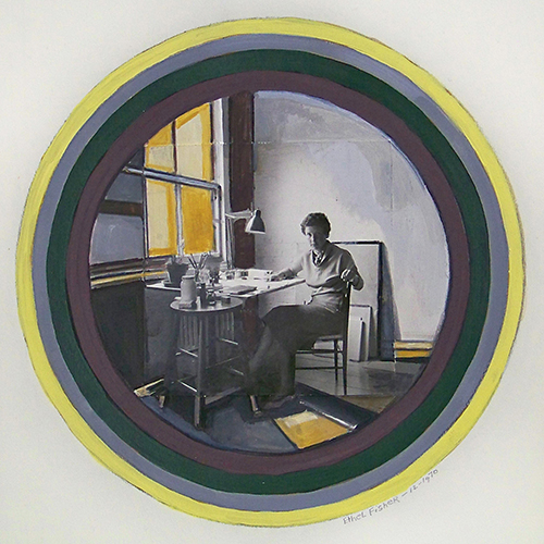 Ilse Getz in the Studio, 30 East 14th Street, New York City (1970): drawing by Ethel Fisher, 1971, mixed media on Arches paper, 12.5 x 11.5 inches.
