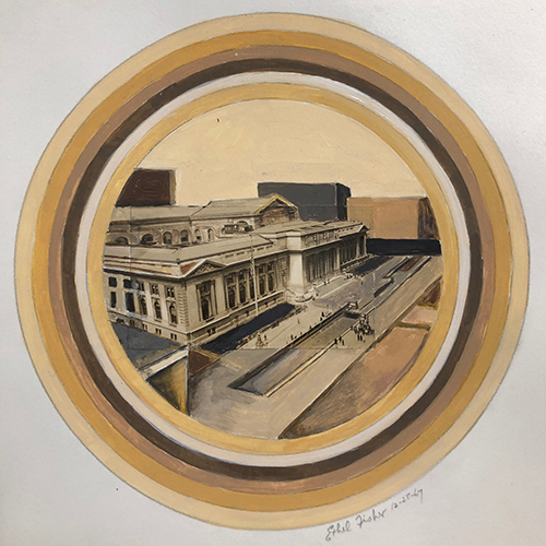 New York Public Library: drawing by Ethel Fisher, 1967, mixed media on Arches paper, 11.5 x 11.5 inches.