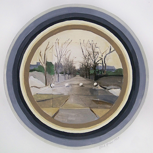 Park Perspective #2: drawing by Ethel Fisher, 1967, mixed media on Arches paper, 11.5 x 11.5 inches.